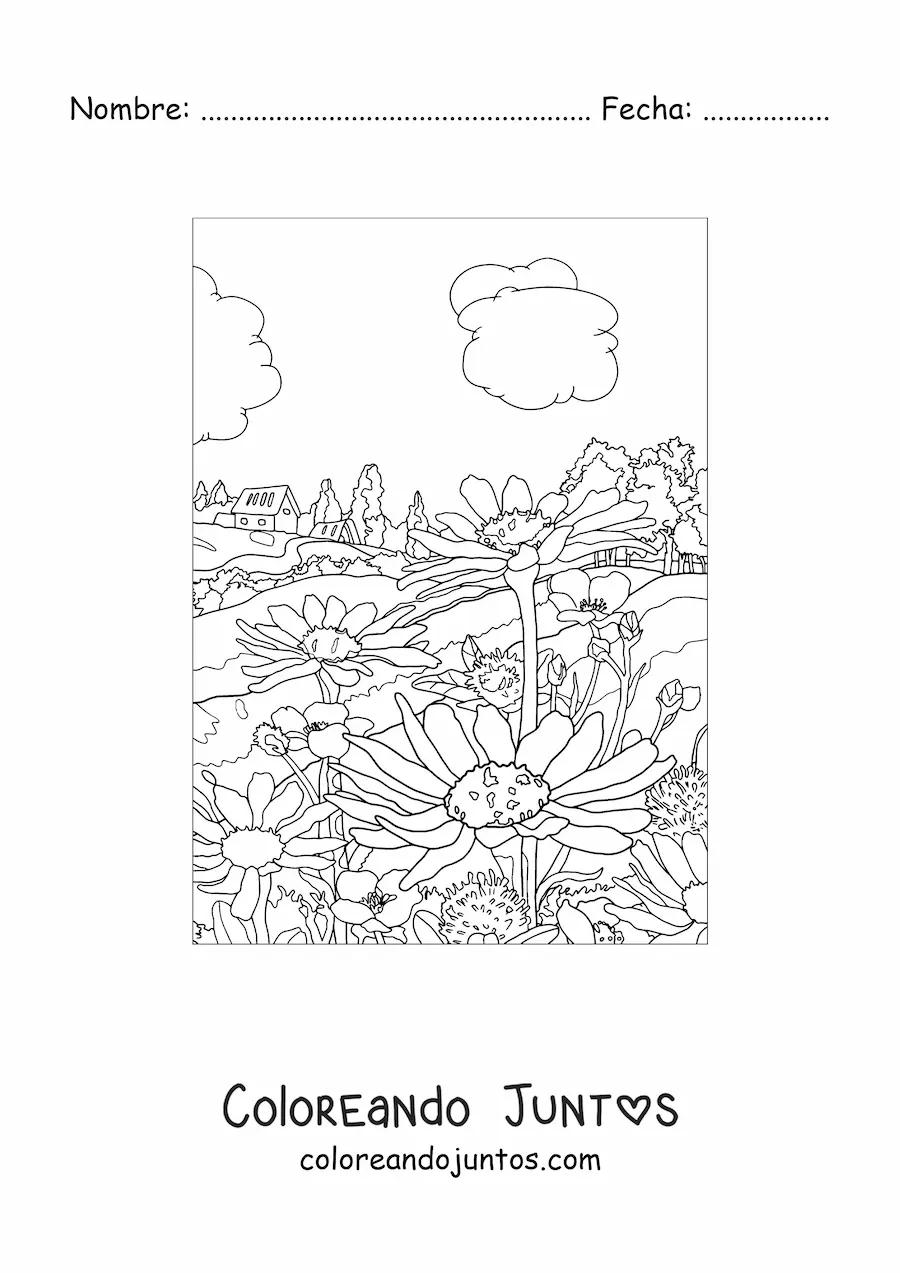 Imagen para colorear de paisaje de una casa en el campo