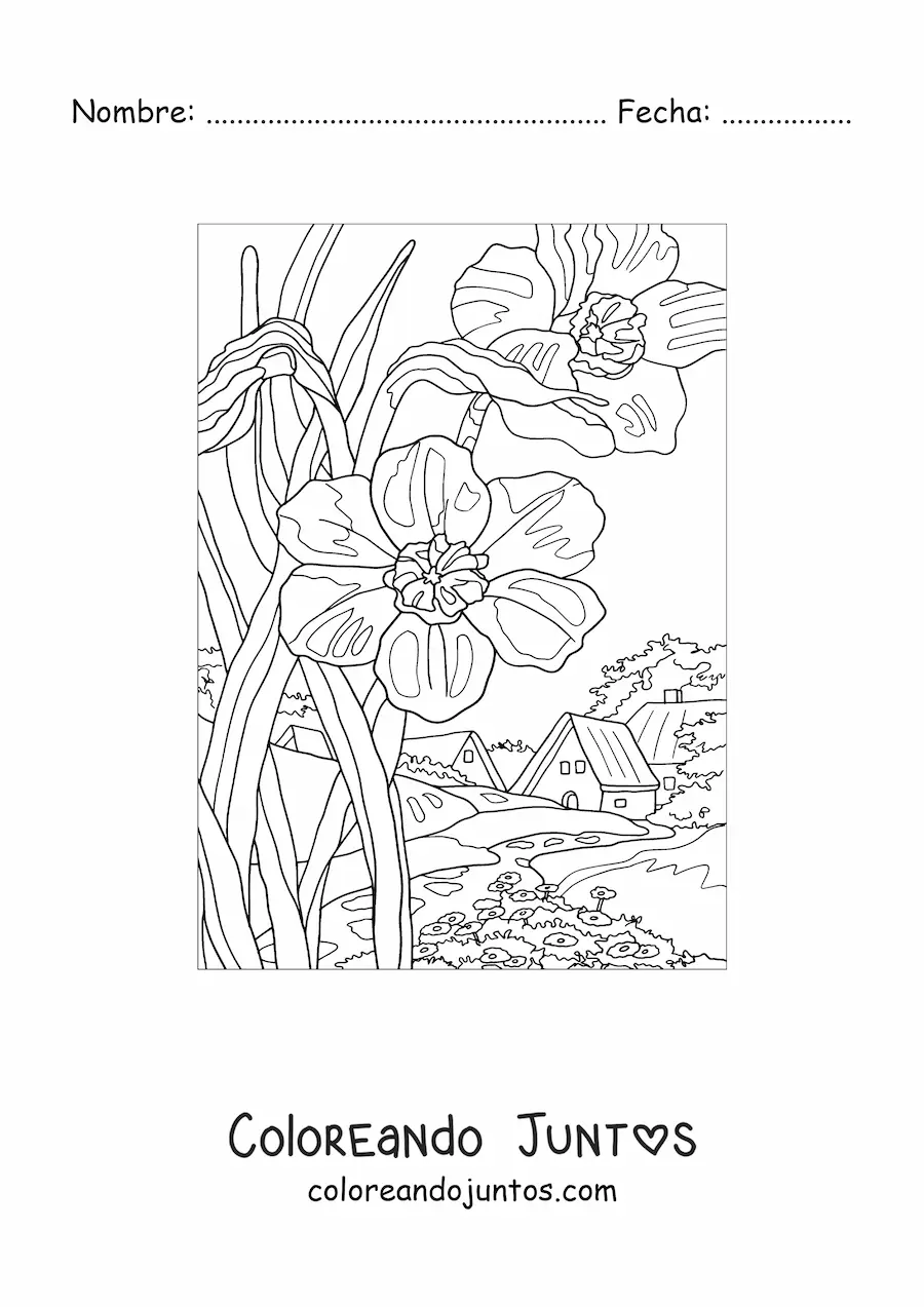 Imagen para colorear de paisaje de una casa en el campo