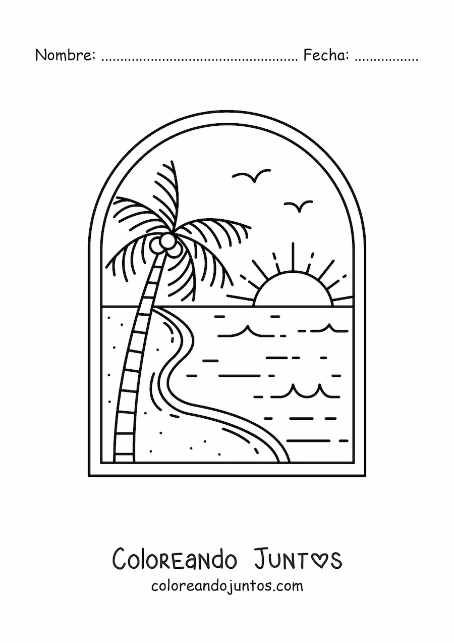 Imagen para colorear de paisaje de la playa con palmera y Sol