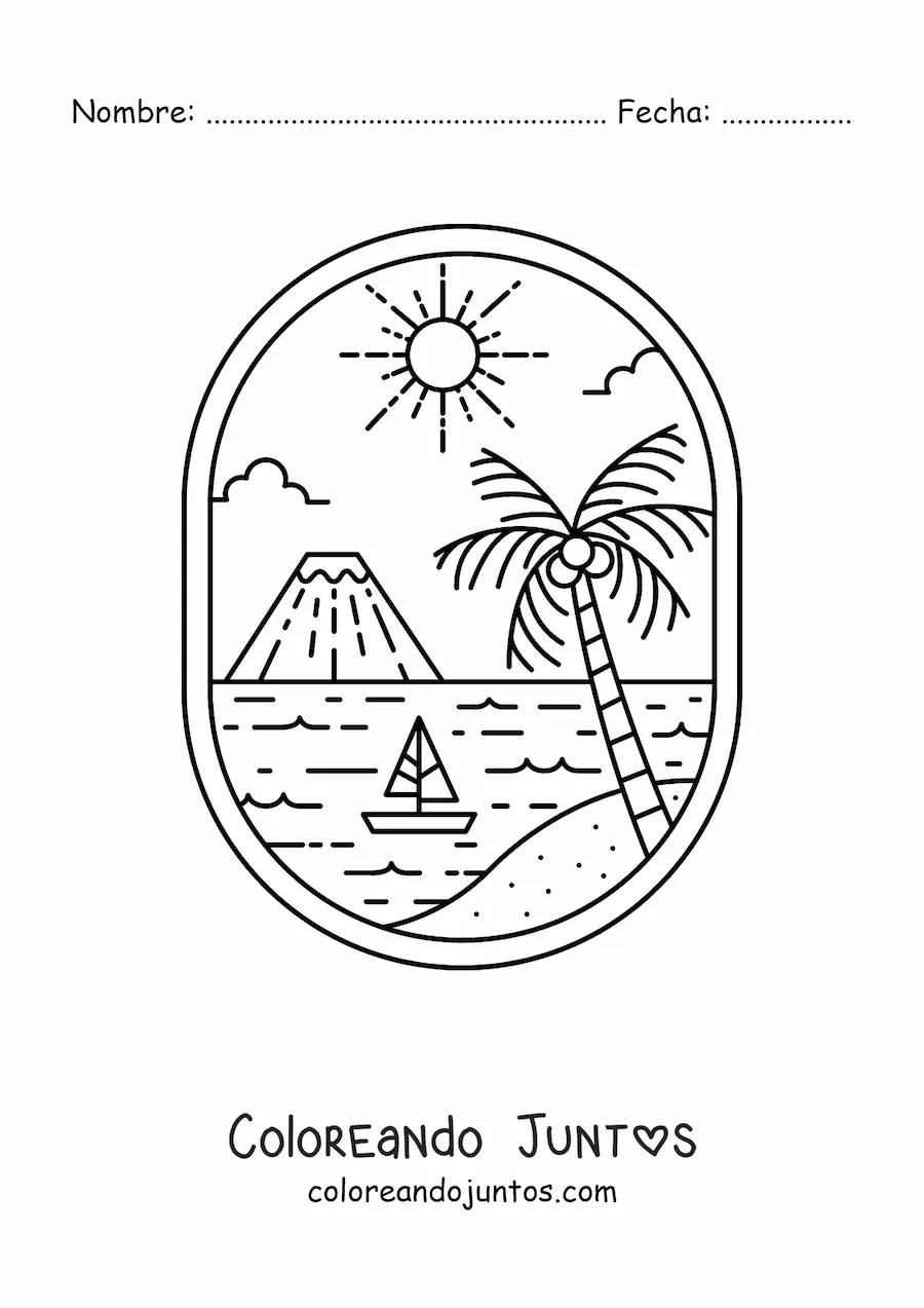 Imagen para colorear de paisaje de la playa con palmera y volcán al fondo