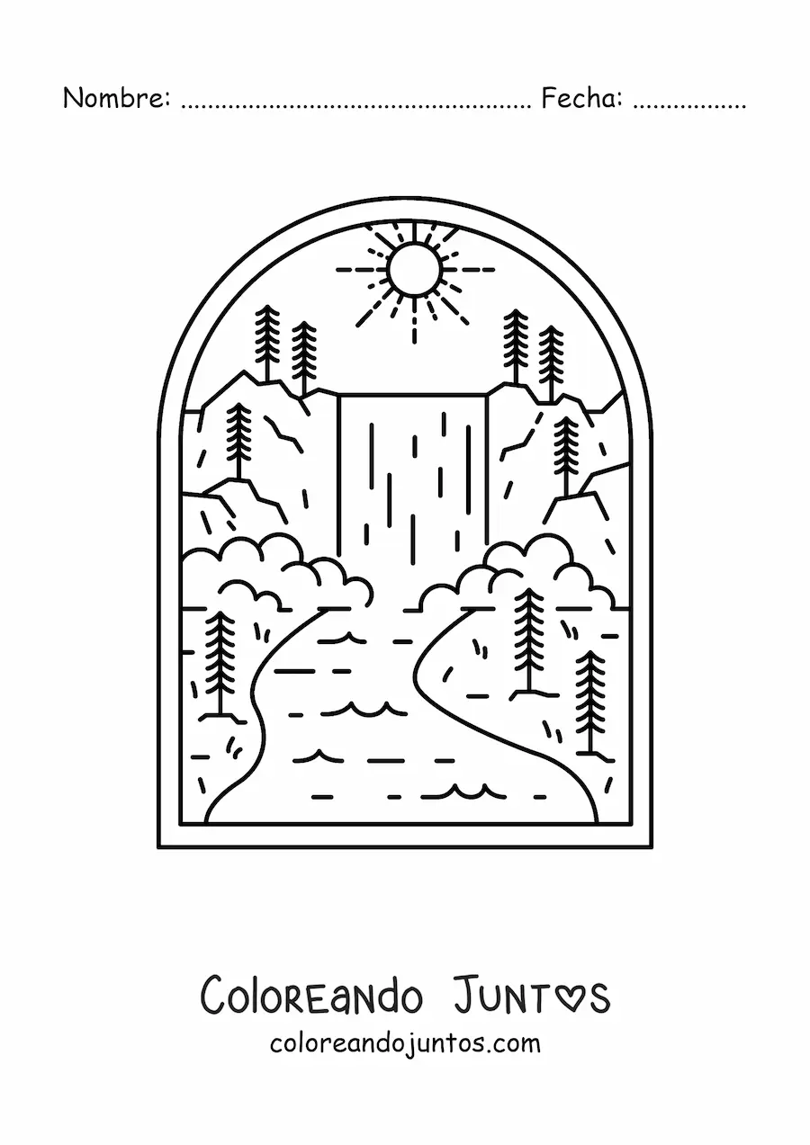 Imagen para colorear de paisaje natural con cascada, río y pinos