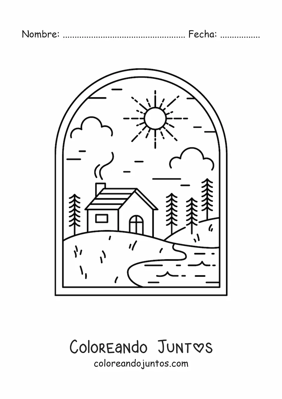 Imagen para colorear de casa en el campo con río