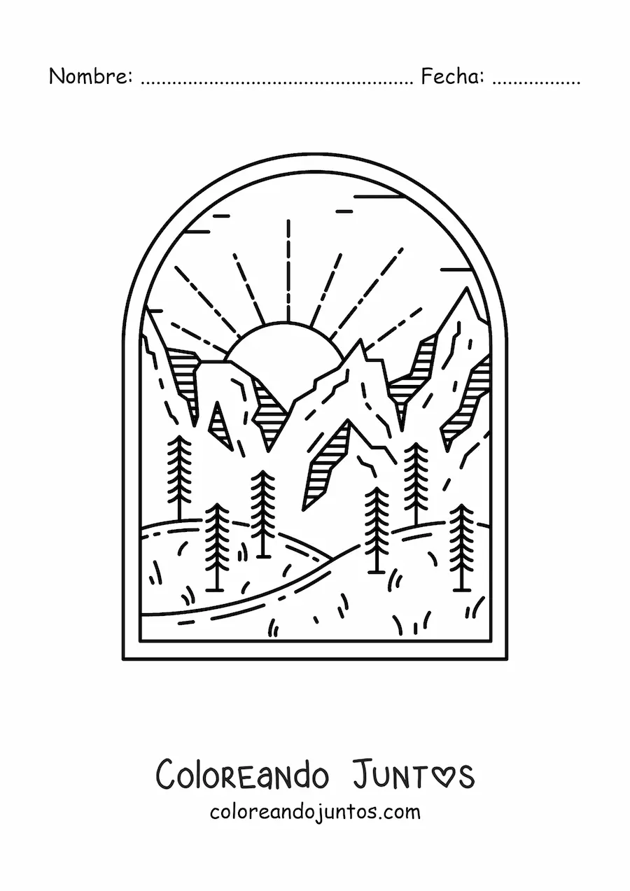 Imagen para colorear de paisaje de bosque con montañas de día