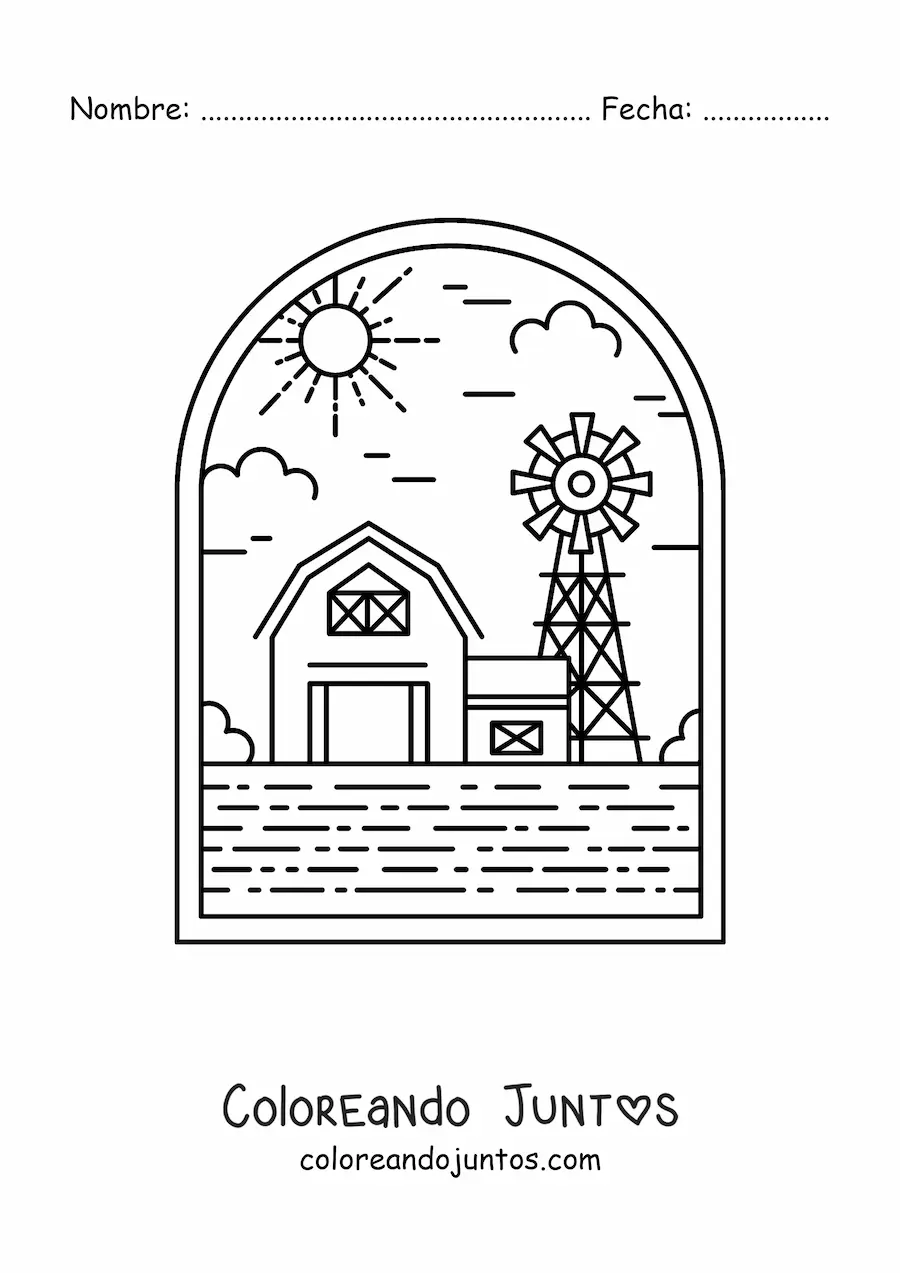 Imagen para colorear de paisaje rural con granero y molino