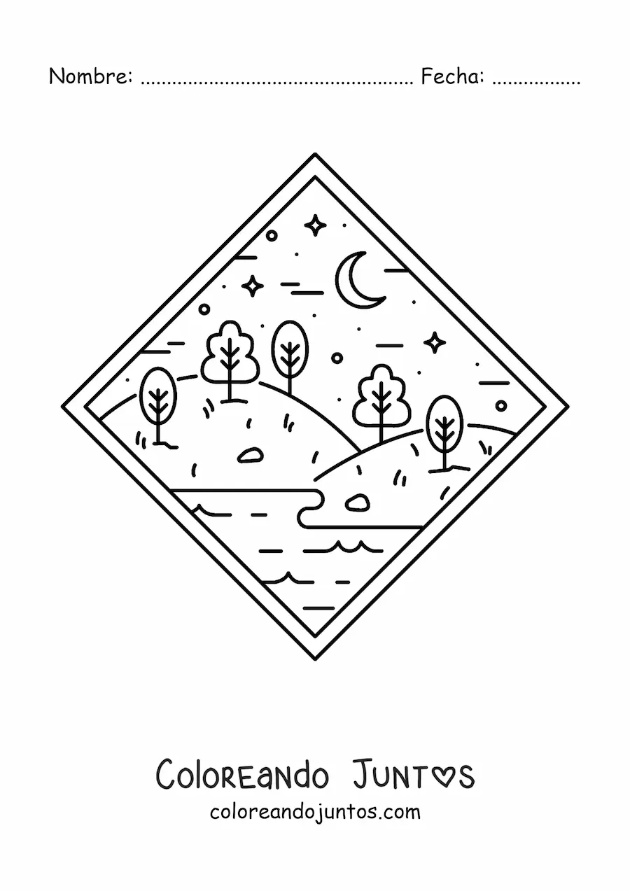 Imagen para colorear de paisaje de bosque con lago de noche