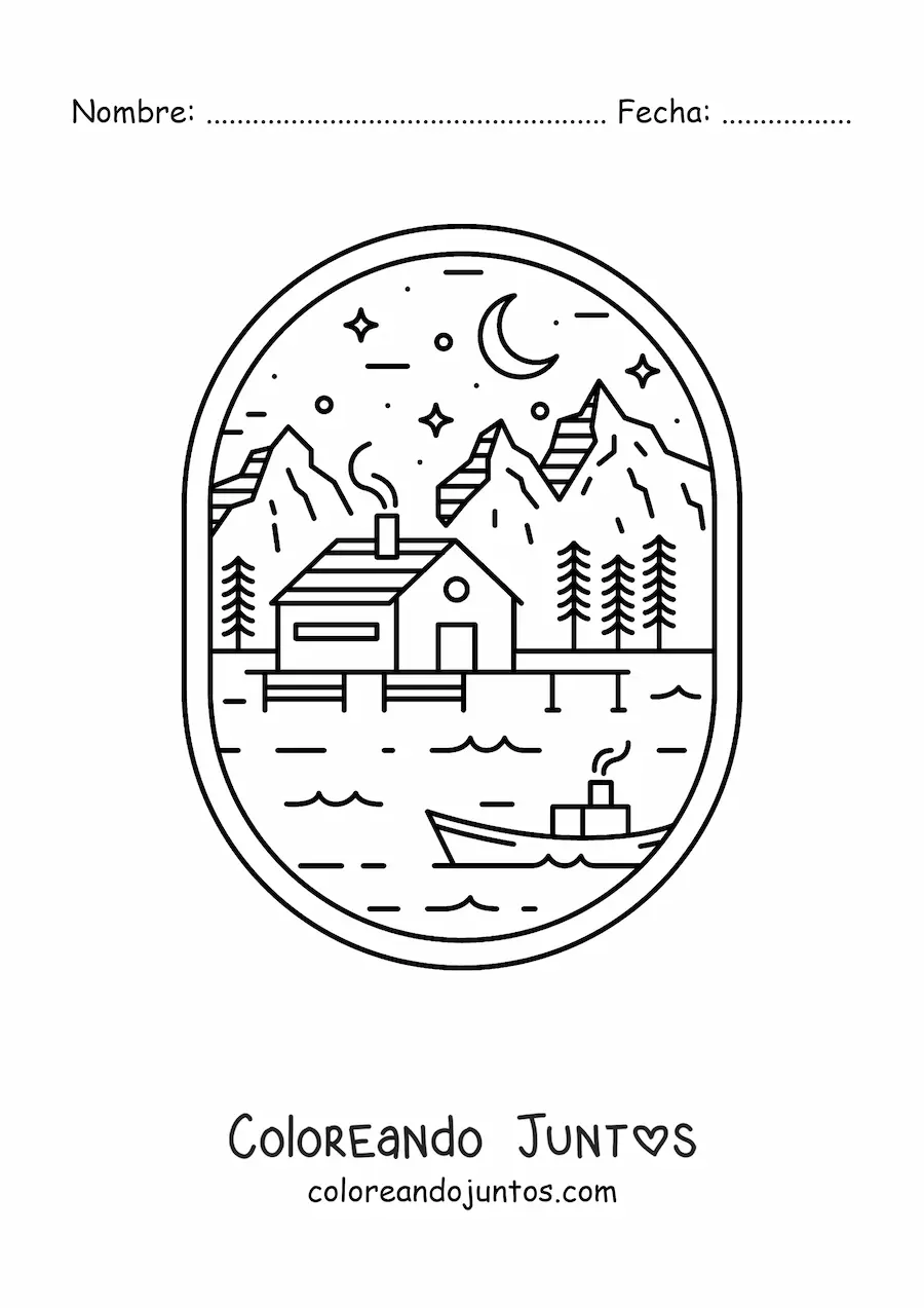 Imagen para colorear de paisaje de bosque con lago, casa y un bote, de noche