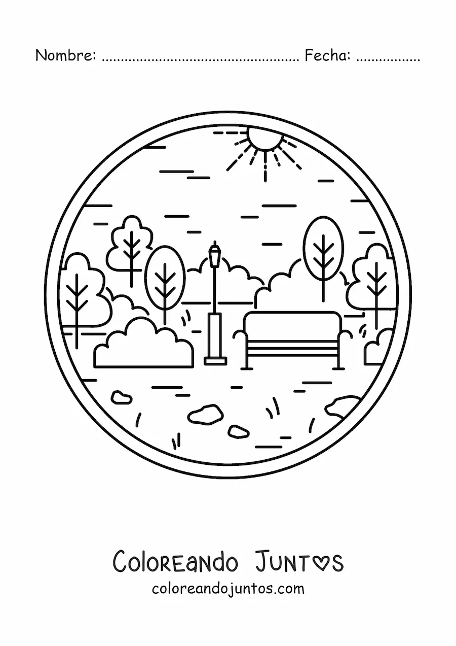 Imagen para colorear de una banca en un parque con árboles y un poste de luz