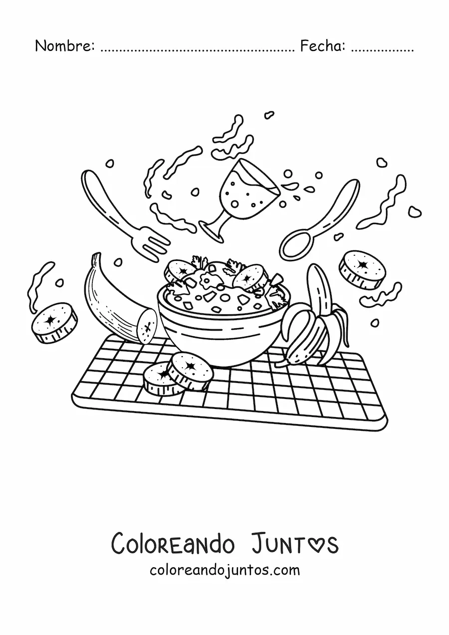 Imagen para colorear de un desayuno de cereal con leche y bananas