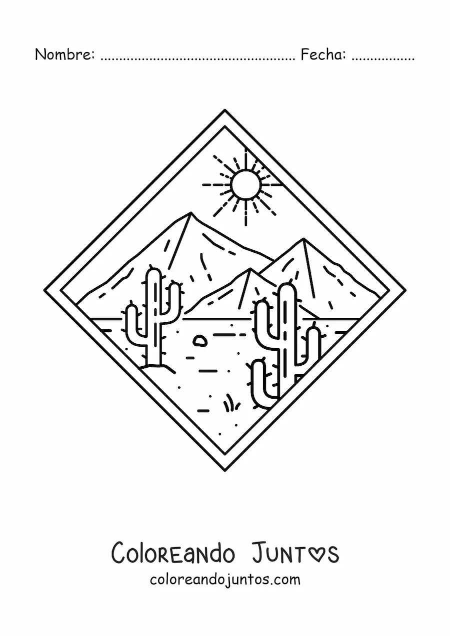 Imagen para colorear de paisaje del desierto con dos cactus y pirámides al fondo