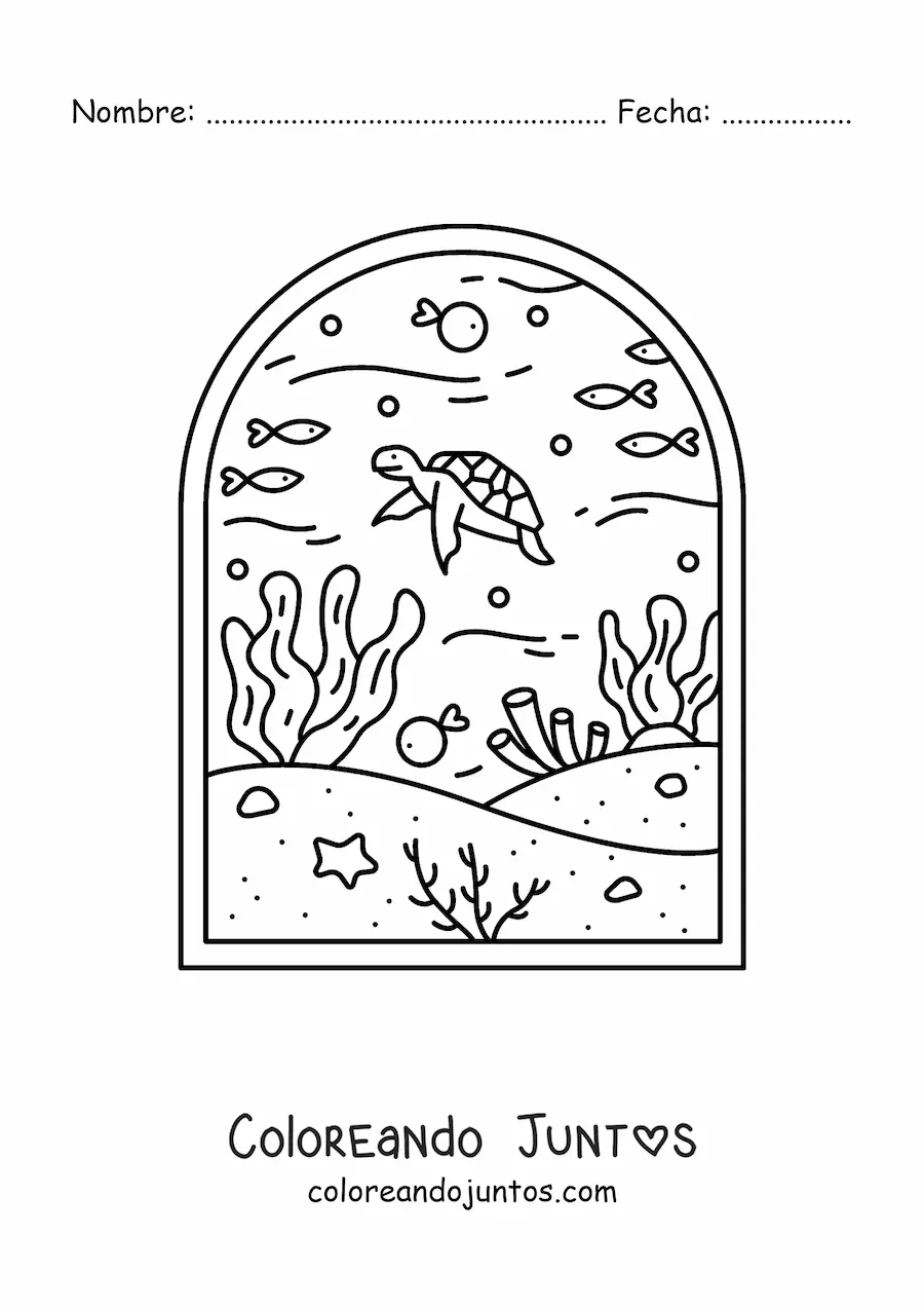 Imagen para colorear de paisaje del fondo marino con peces, tortuga y corales