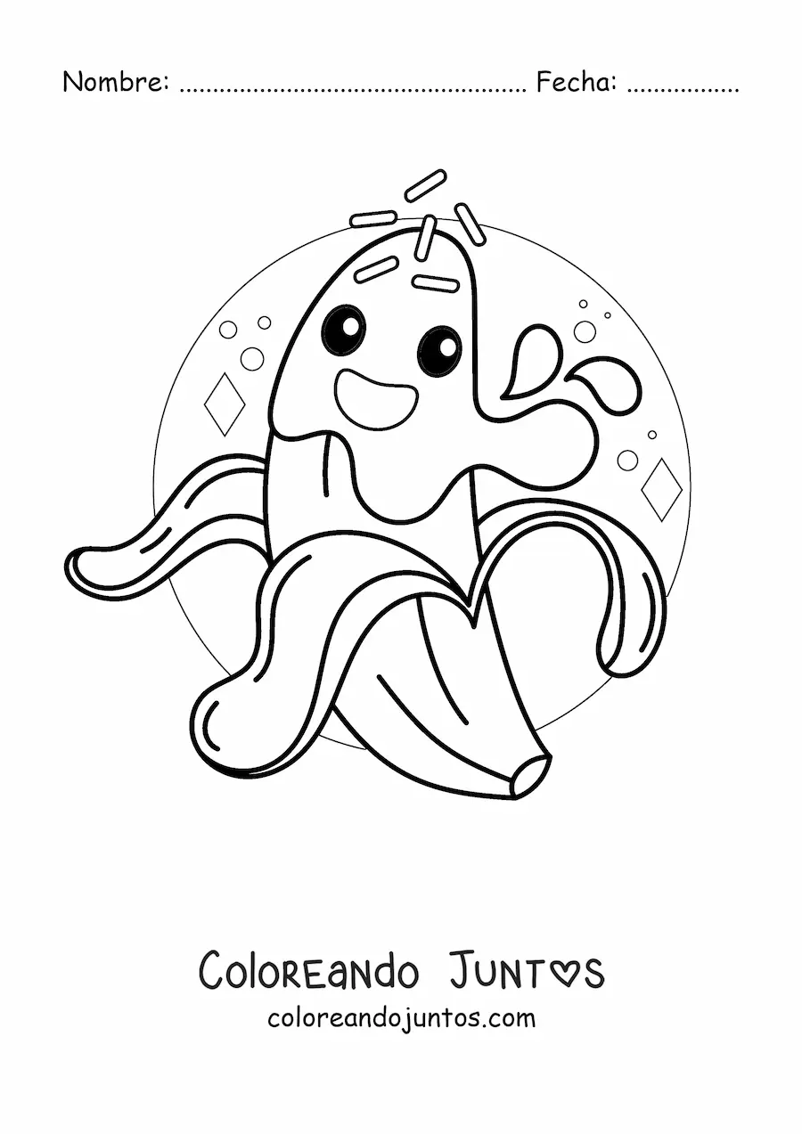 Imagen para colorear de una banana animada sonriente cubierta de chocolate