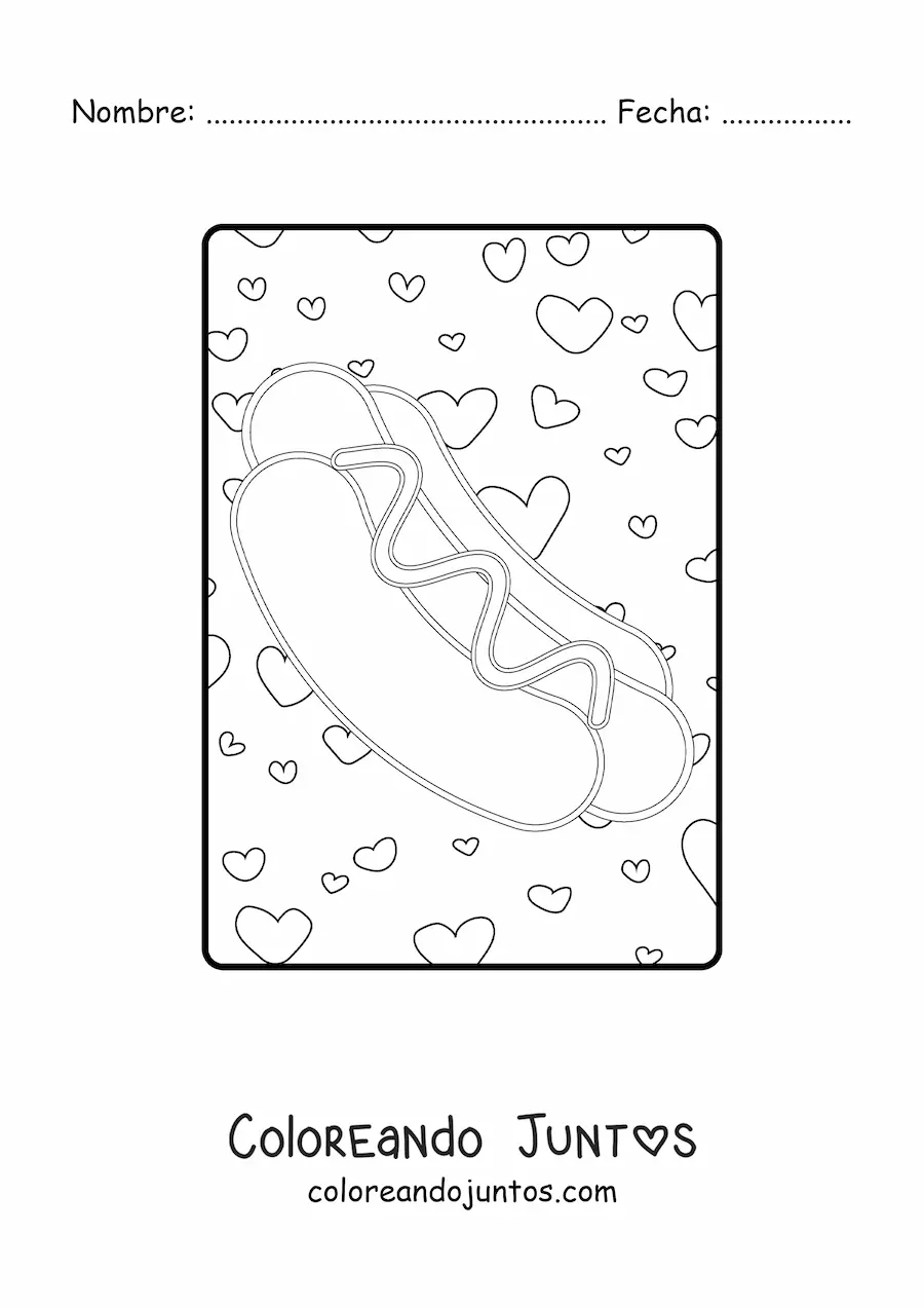 Imagen para colorear de hot dog con corazones de fondo