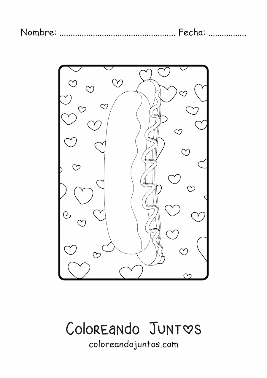 Imagen para colorear de hot dog de lado con corazones de fondo