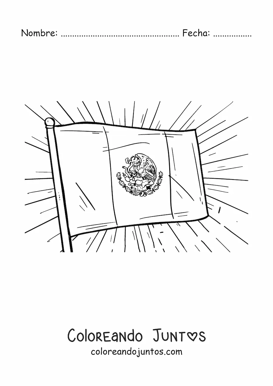 Imagen para colorear de una bandera de México ondeando en un asta
