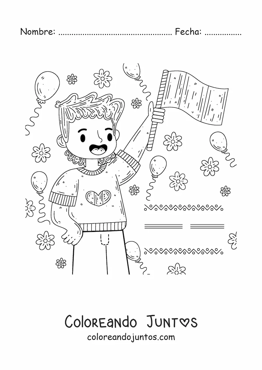 Imagen para colorear de un niño sosteniendo la bandera de México sin escudo