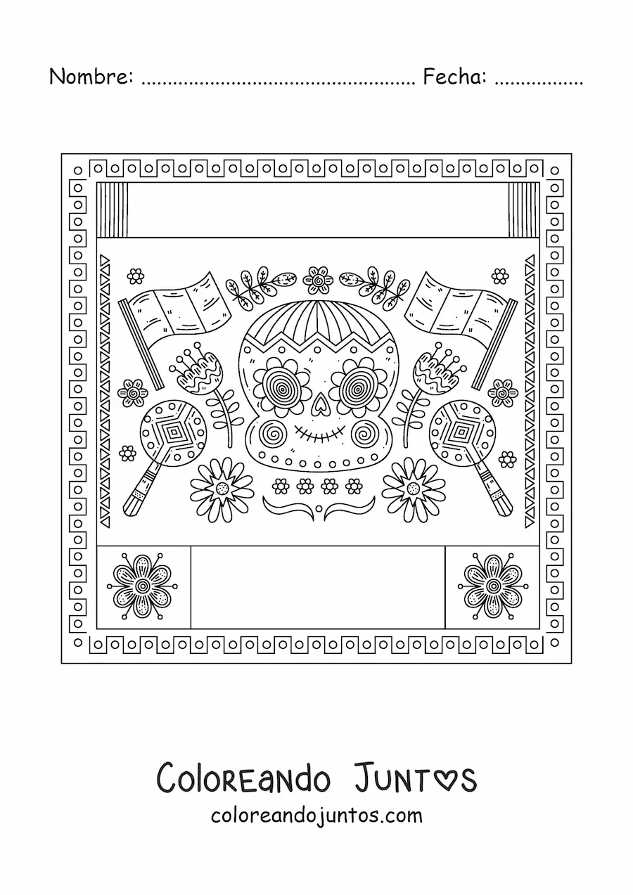 Imagen para colorear de dos banderas de México sin escudo junto a una calavera mexicana