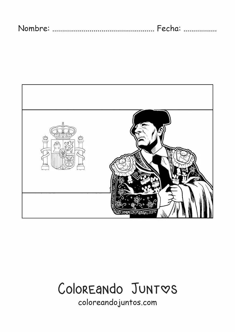 Imagen para colorear de la bandera de España horizontal con un torero realista