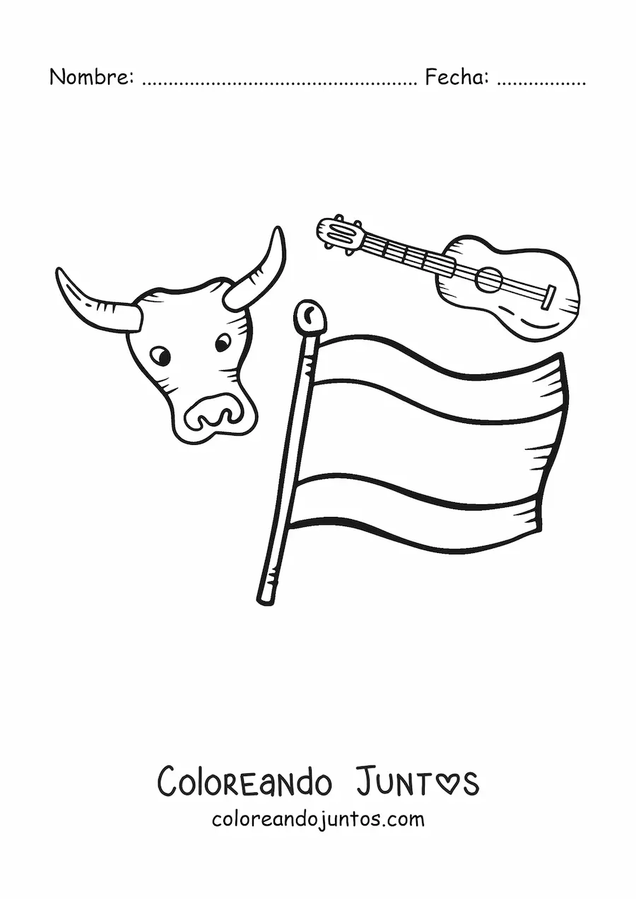 Imagen para colorear de la bandera de España junto a un toro kawaii y una guitarra