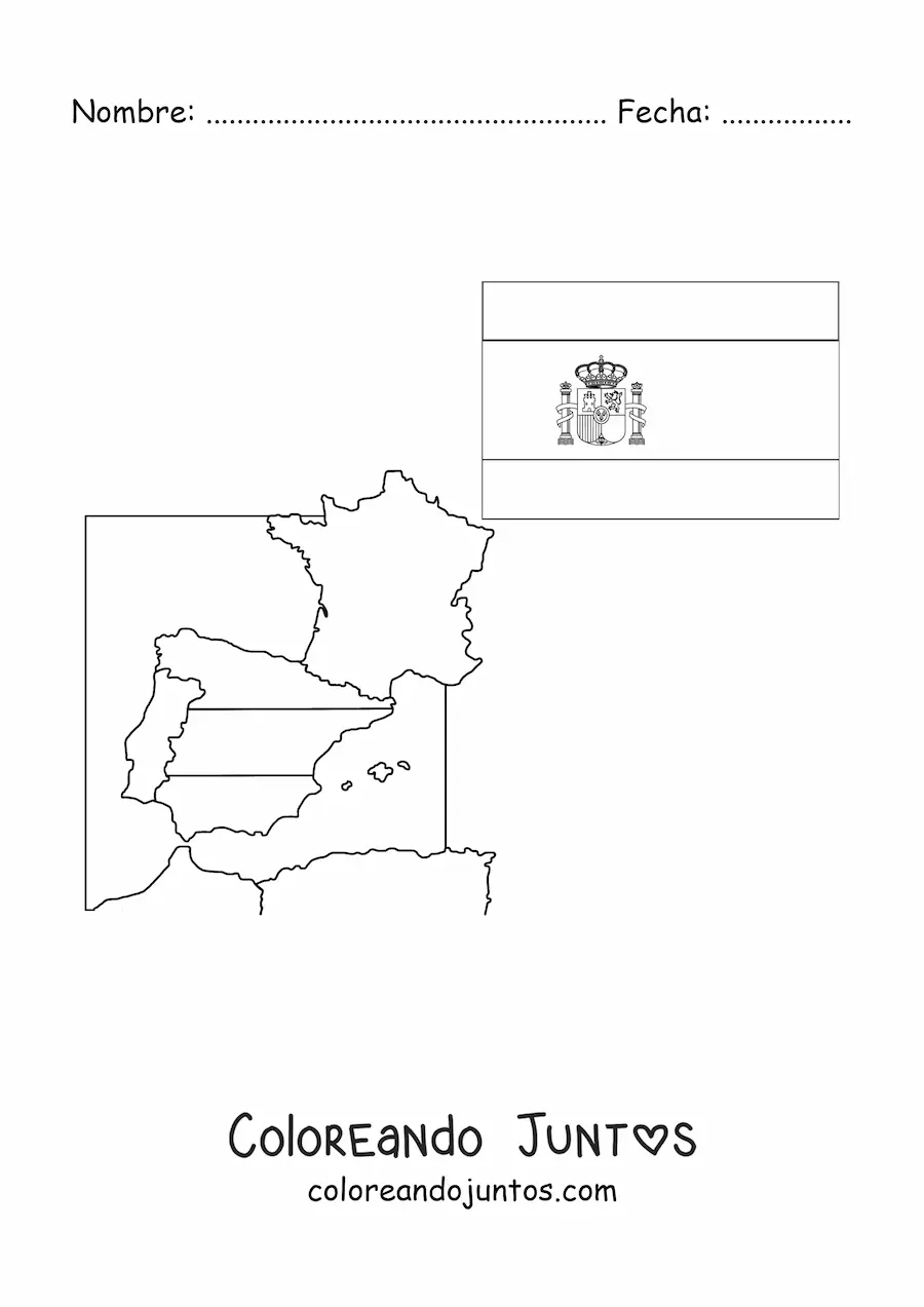 Imagen para colorear de la bandera de España con escudo junto a un mapa