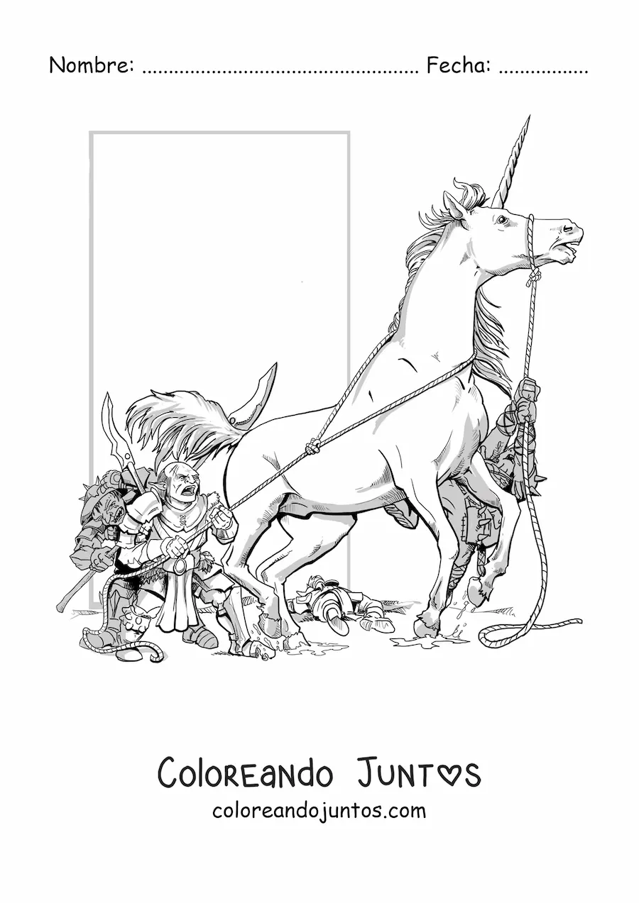 Imagen para colorear de unicornio de Calabozos y Dragones escapando de varios goblins