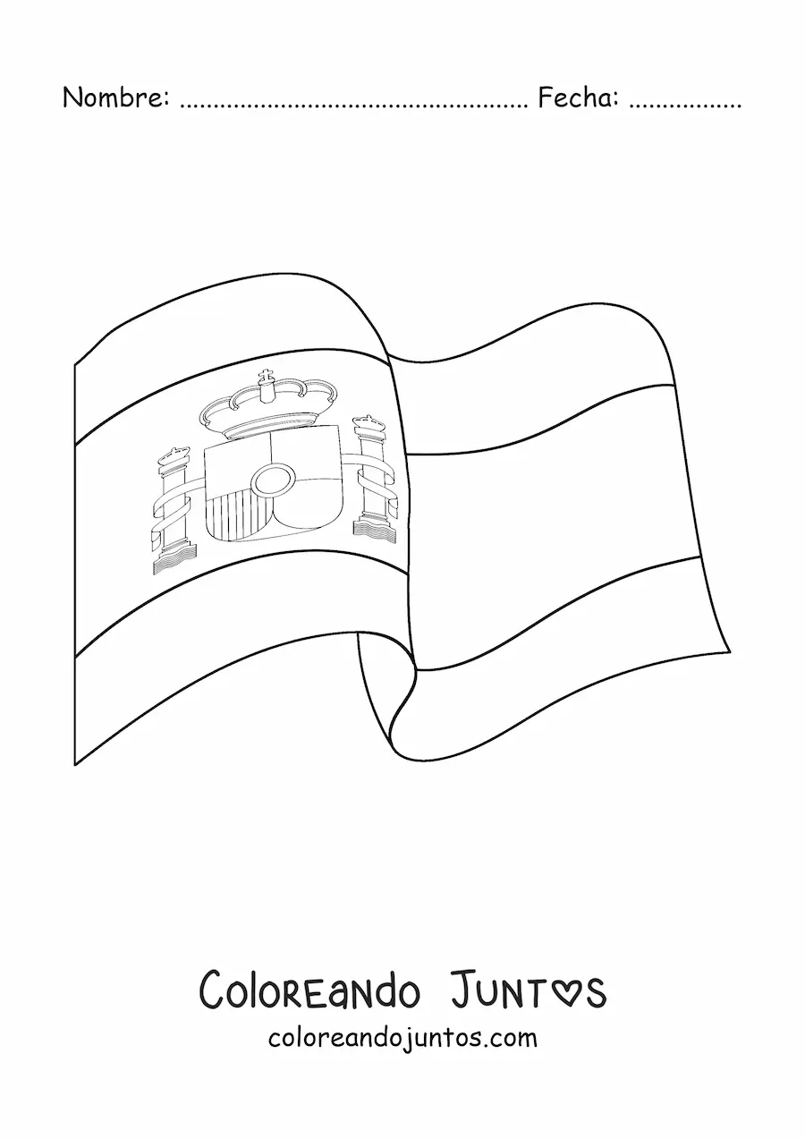 Imagen para colorear de la bandera de España con escudo ondeando