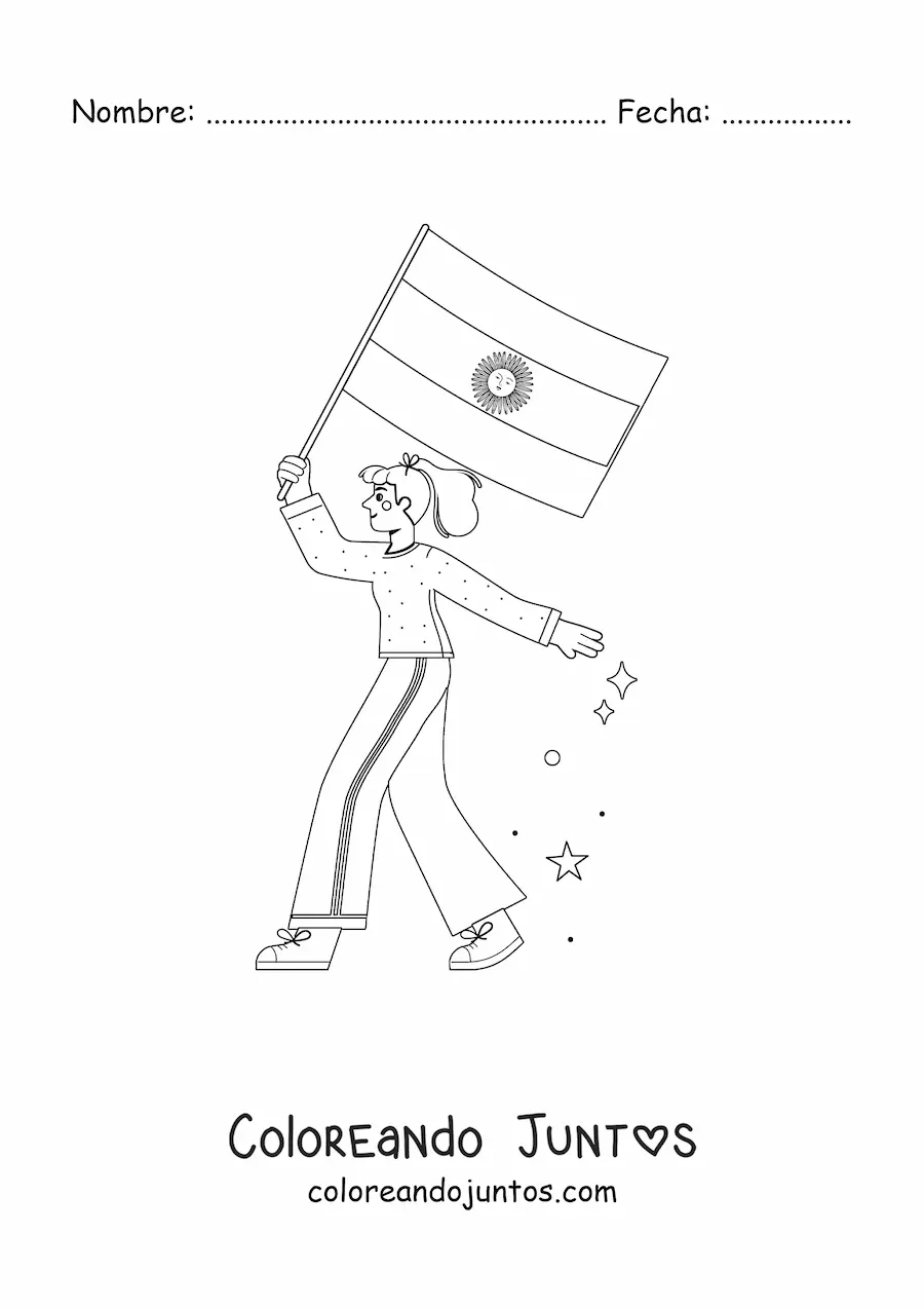 Imagen para colorear de una chica sosteniendo la bandera de Argentina