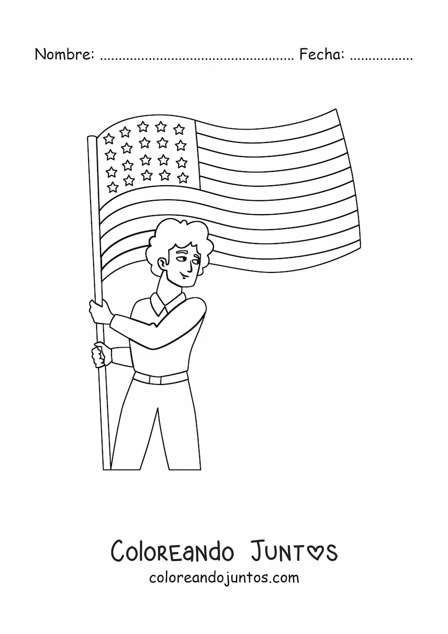 Imagen para colorear de un chico sosteniendo la bandera de Estados Unidos