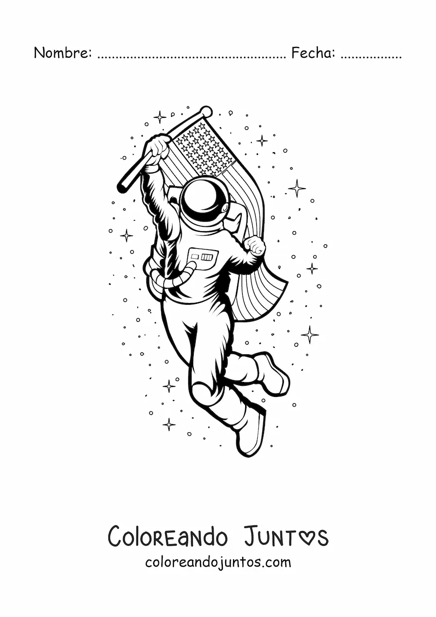 Imagen para colorear de un astronauta con la bandera de Estados Unidos