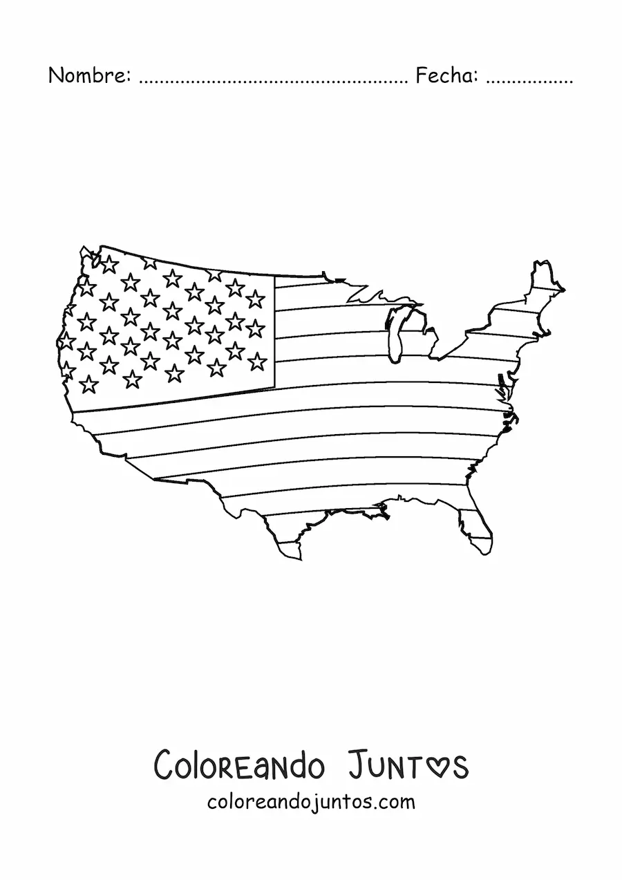 Imagen para colorear de la bandera de Estados Unidos en un mapa