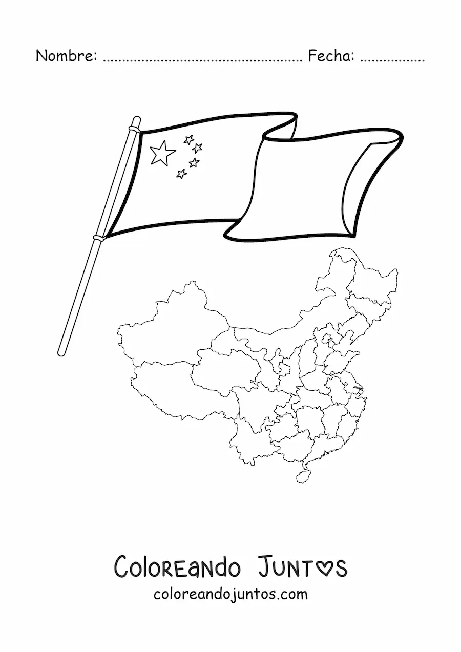 Imagen para colorear de la bandera de China junto a un mapa