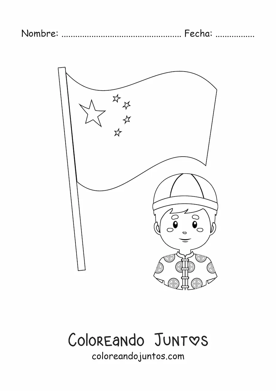 Imagen para colorear de la bandera de China con un hombre chino kawaii