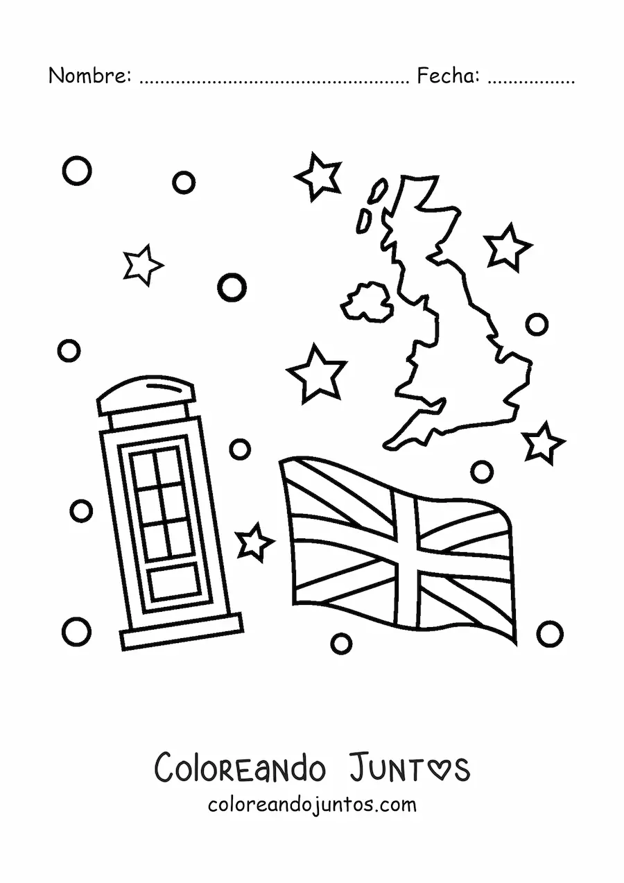Imagen para colorear de la bandera del Reino Unido junto a un mapa y una cabina telefónica