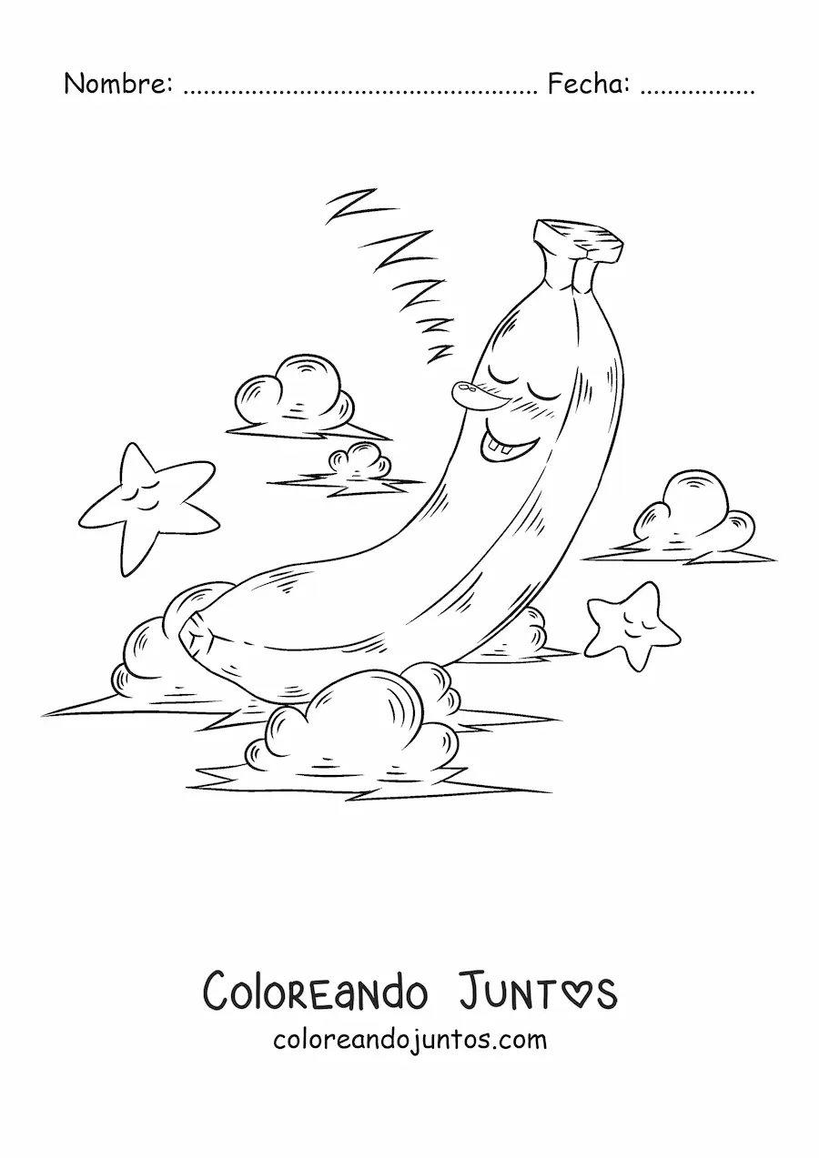Imagen para colorear de una banana animada durmiendo entre nubes y estrellas