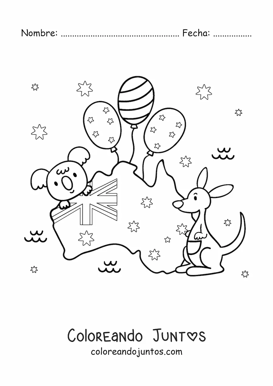Imagen para colorear de la bandera de Australia en mapa con canguro y koala kawaii
