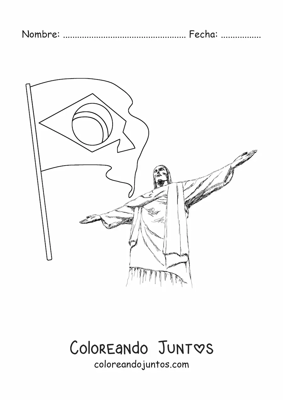 Imagen para colorear de la bandera de Brasil junto al Cristo Redentor