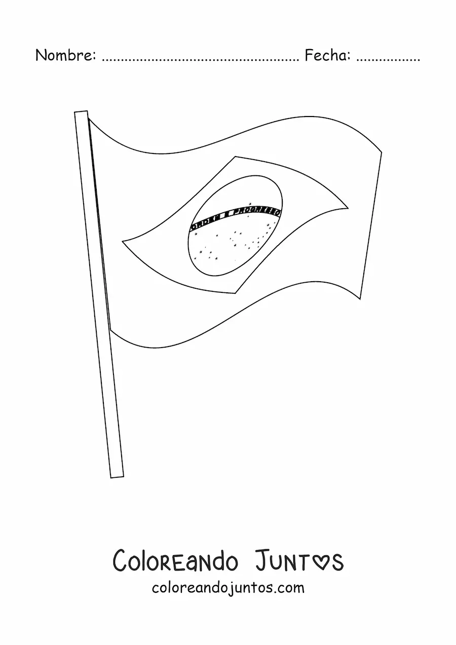 Imagen para colorear de la bandera de Brasil ondeando en un asta