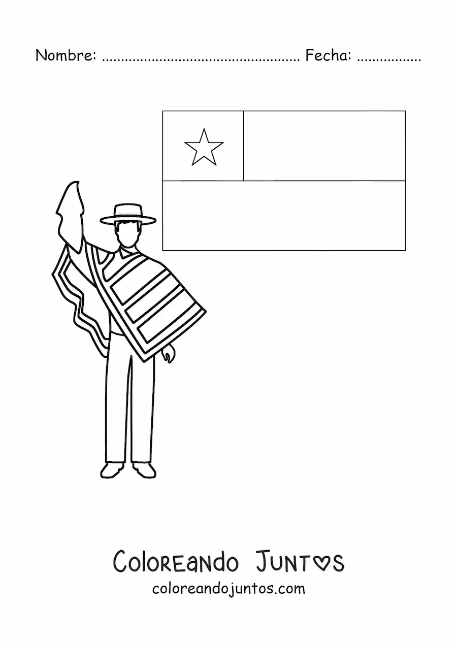 Imagen para colorear de un hombre con vestimenta tradicional chilena junto a la bandera de Chile
