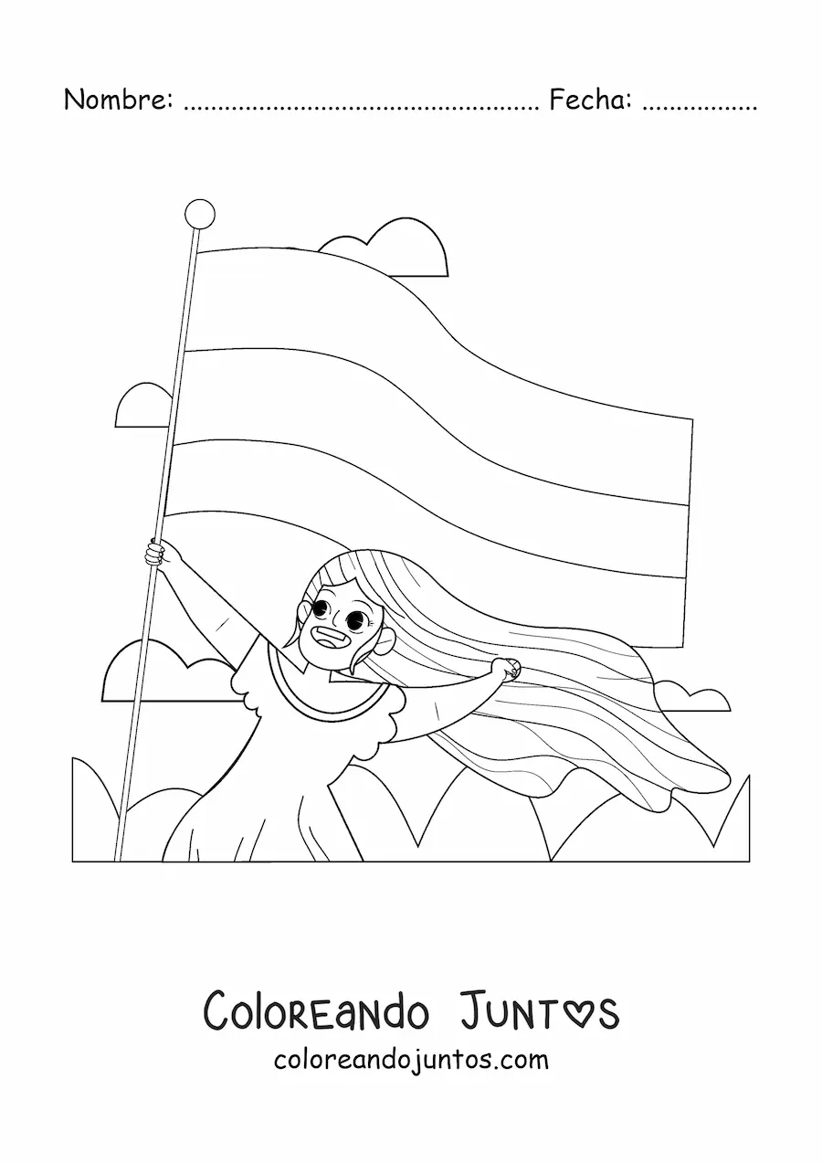 Imagen para colorear de una chica sosteniendo la bandera de Colombia