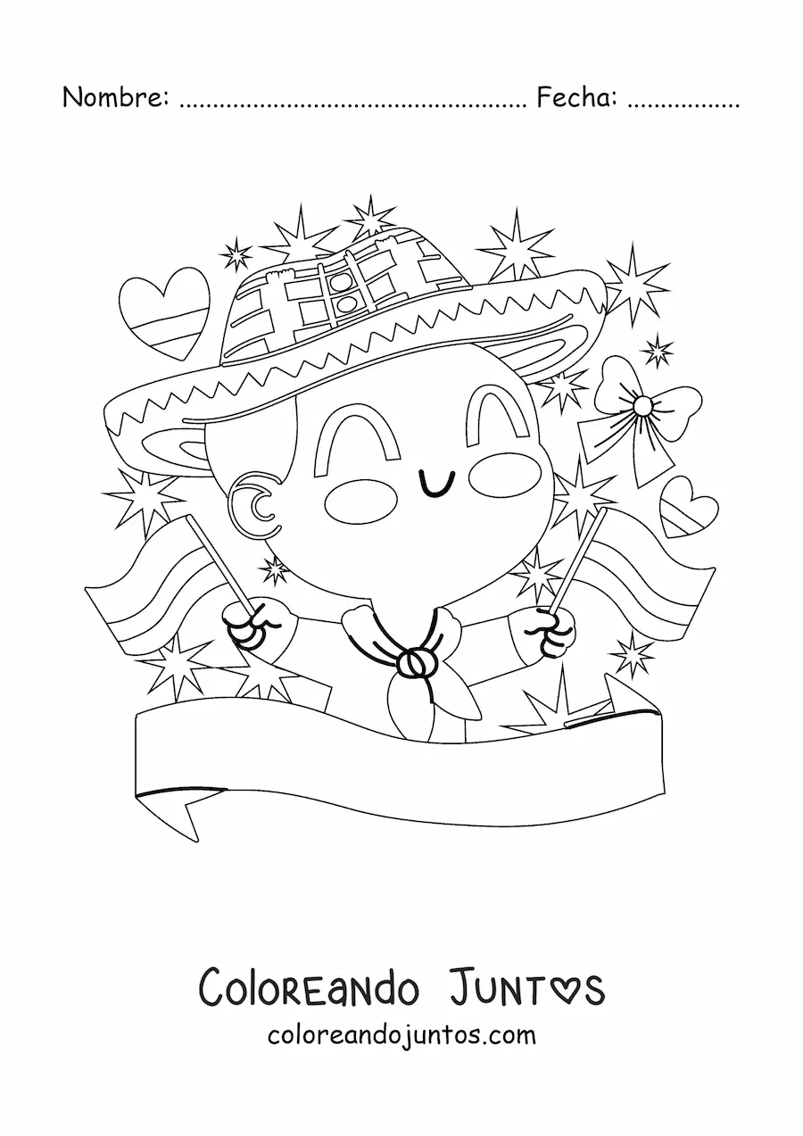 Imagen para colorear de un niño con traje tradicional colombiano sosteniendo la bandera de Colombia