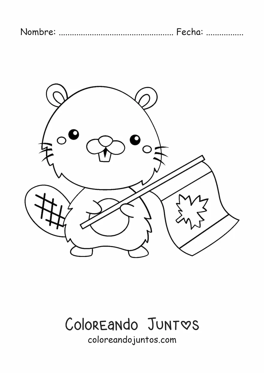 Imagen para colorear de un castor kawaii sosteniendo la bandera de Canadá