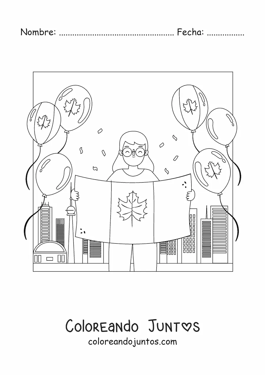 Imagen para colorear de una chica sosteniendo la bandera de Canadá y globos