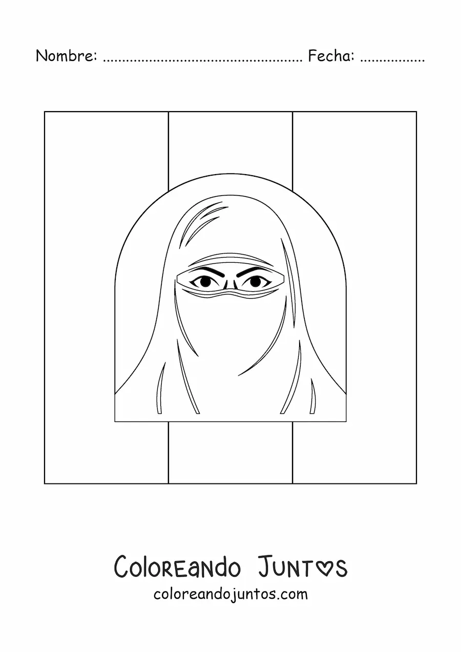 Imagen para colorear de la bandera de Afganistán con una mujer con el rostro cubierto