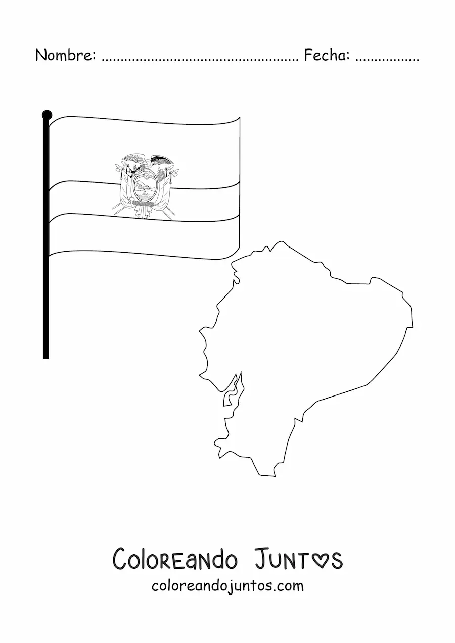 Imagen para colorear de la bandera de Ecuador junto a un mapa