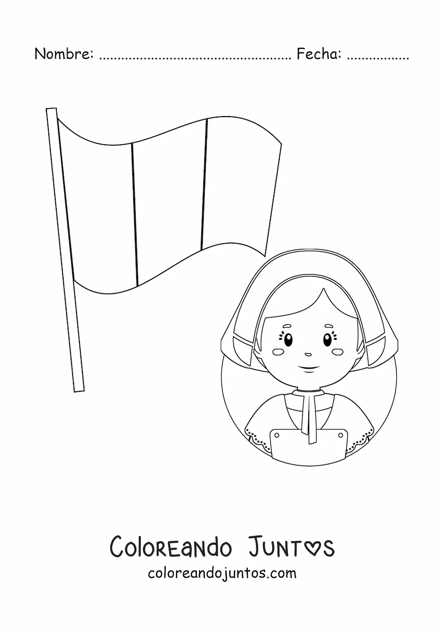 Imagen para colorear de una mujer junto a la bandera de Francia