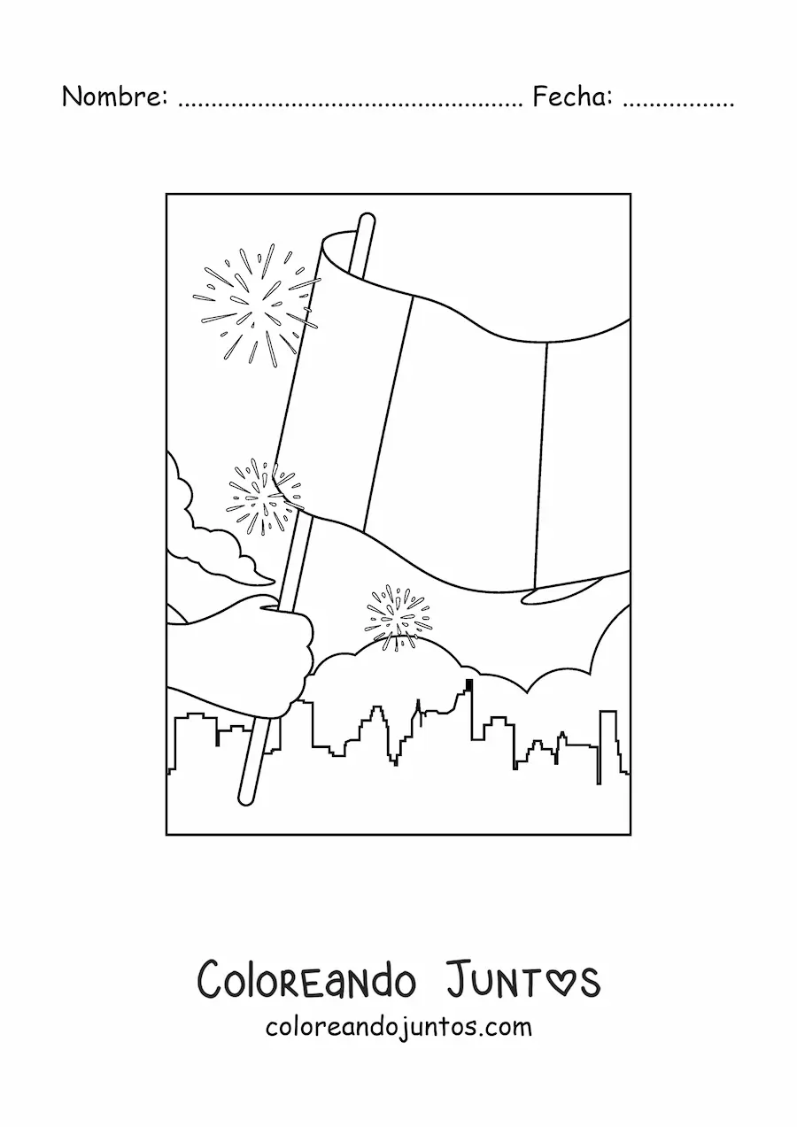 Imagen para colorear de una mano sosteniendo la bandera de Francia en la ciudad
