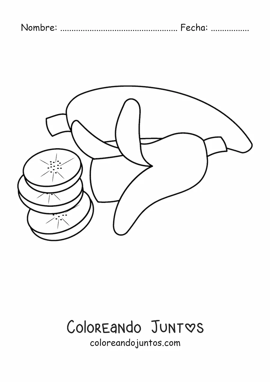 Imagen para colorear de una banana entera junto a una banana cortada en trozos
