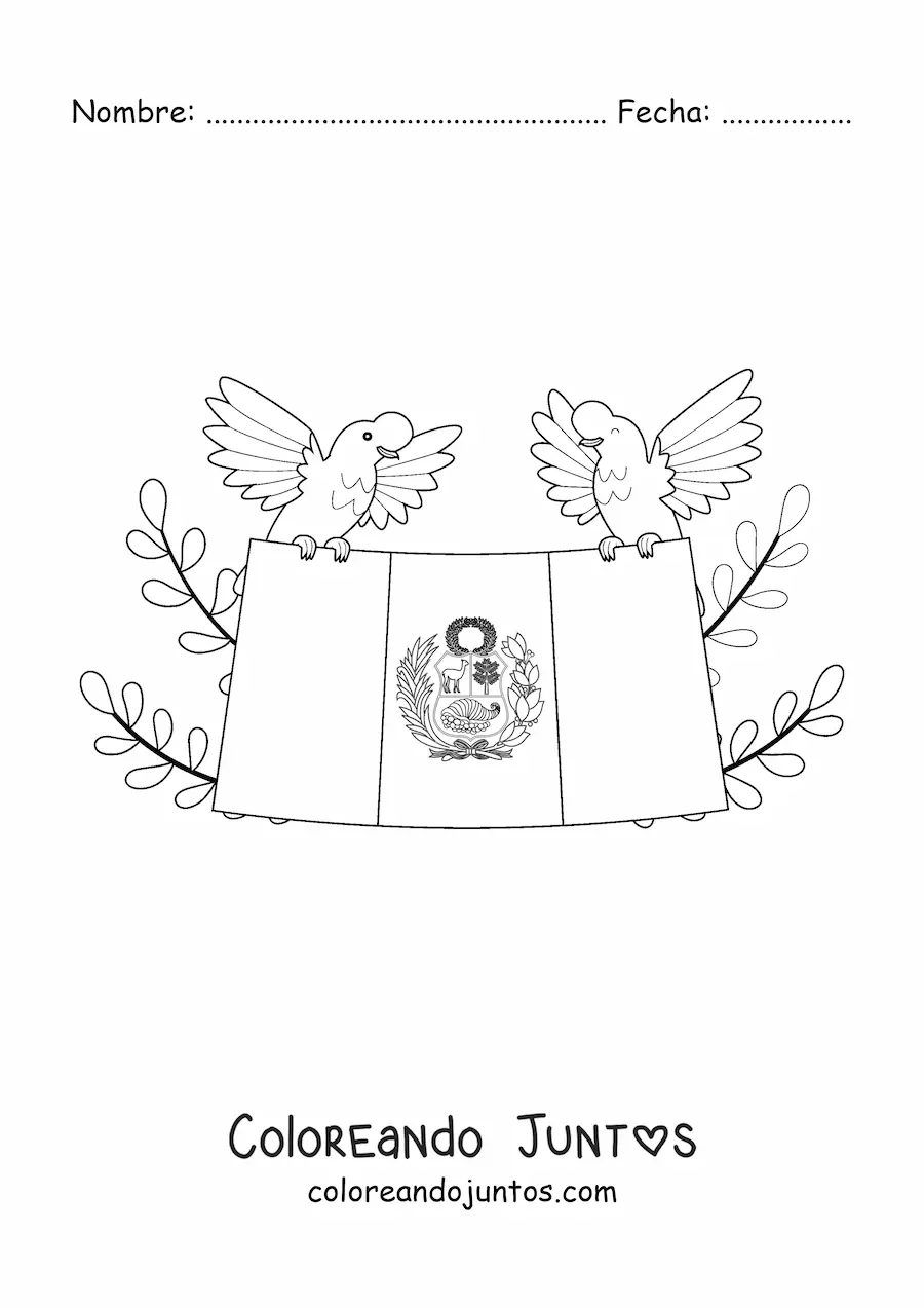 Imagen para colorear de bandera de perú con dos gallitos de las rocas