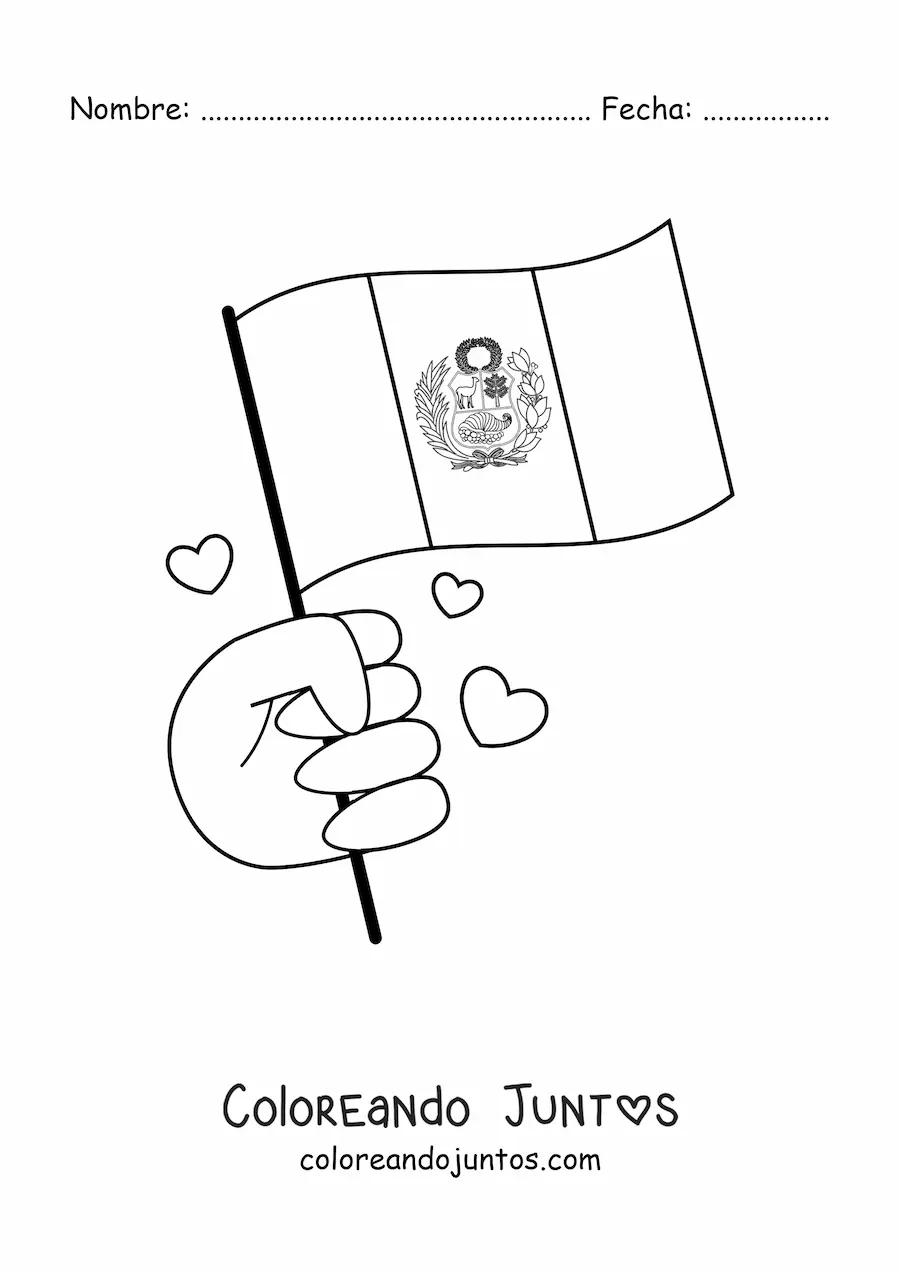 Imagen para colorear de mano sosteniendo bandera de perú con escudo