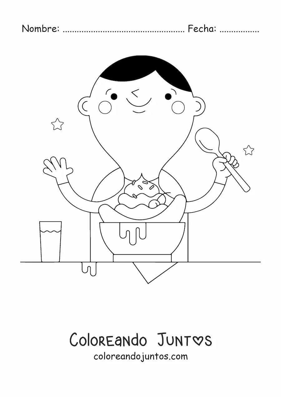 Imagen para colorear de un niño feliz comiendo un banana split