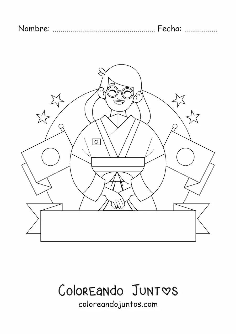 Imagen para colorear de chica con banderas de japón